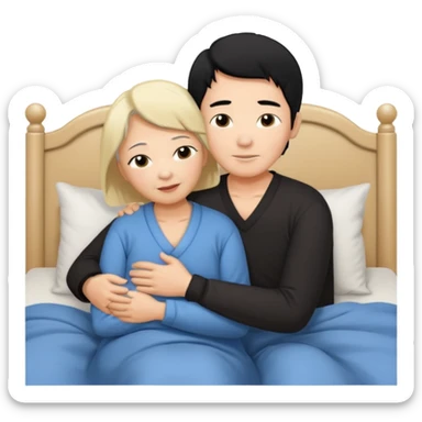 Sexy large breasted elderly asian woman in a low cut top and with black hair hugs her blonde haired boy in bed sticker