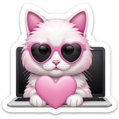 Black and white cat with pink ribbon and black cool sunglasses doing pink computer with pink heart sticker
