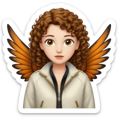 nude woman short curly brown mullet brown eyes white skin beetle wing jacket open front sticker