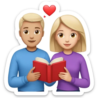 A man and a woman facing each other, both holding a single book together. From the book, colorful heart emojis are popping out playfully, creating a cheerful and romantic atmosphere sticker