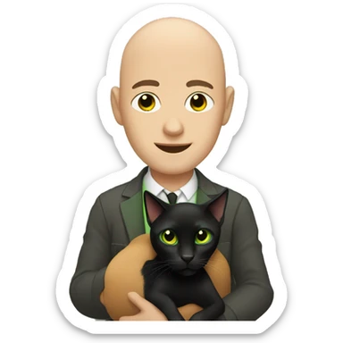 Bald brown eyed man holding a green eyed black cat sticker
