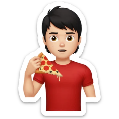 generate a pretty fair bratz boy with a messy mullet (black hair), wearing a red tshirt. eating pizza. He has big biceps sticker