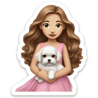 Brown long hair blue eyes girl with maltese puppy with pink dress sticker