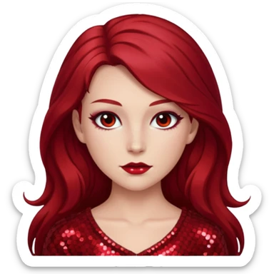 Chappell Roan (b.1998) with long dark red hair, red sequin outfit, makeup sticker