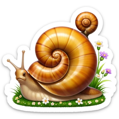 Close-up of large home snails inside a terrarium, showcasing their soft, spiral shells and glistening bodies, with a gentle light highlighting their details. With stones and grass and flowers. Transparent background. sticker