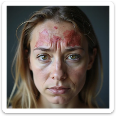 hyperrealistic 4K close-up of scalp of a woman with PCOS showing clear alopecia areas, red skin, thin and sparse hair, sad facial expression sticker