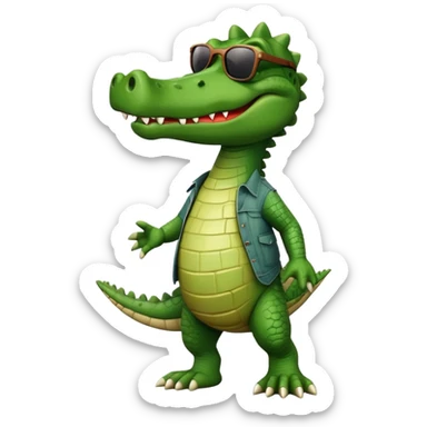 friendly anthropomorphised crocodile in casual clothing, wearing dark sunglasses, walking upright, relaxed pose sticker