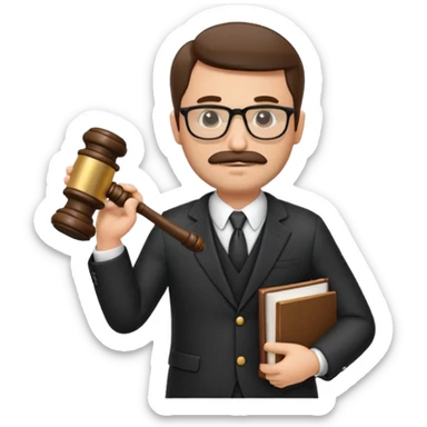 “Create a clean, modern emoji-style illustration of a male lawyer. He is wearing a formal suit jacket. He is holding a judge’s gavel in one hand and has a law book tucked under his arm. He has a mustache and a short beard, and he is wearing glasses. sticker