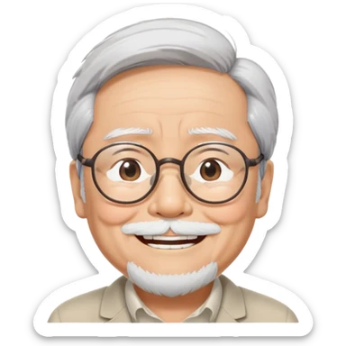 _cinematic-realistic-portrait-of-hayao-miyazaki,-depicted-with--large-rectangular-glasses,-his-happy-expression-rendered-in-lifelike-detail,-illuminated-with-soft,-realistic-lighting-that-emphasizes-his-creative-genius, his eyes shut  closed because of his large smile. eyes are shut sticker