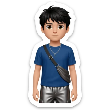 Jay from Kubz Scouts with brown eyes, black hair, indigo metallic t-shirt, charcoal metallic baggy pants, silver necklace sticker