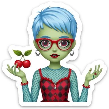 Ghoulia yelps monster high doll in scene/emo style cherry print dress with fishnet sleeves, clothes, thin, small, red, rectangle glasses, pale white-blue skin, pale-green shaggy pixie-cut , zombie scars , boy sticker