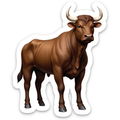 Cinematic Noble Brown Bull Portrait Emoji, Poised and regal, with a massive, muscular build and a sleek, well-groomed rich brown hide, deep-set soulful dark eyes, Simplified yet sharp and sophisticated features, highly detailed, glowing with a soft, dignified glow, high shine, intelligent and formidable, stylized with an air of strength, focused and attentive, soft glowing outline, capturing the essence of a watchful and confident guardian, so majestic it feels as though it could charge out of the screen with effortless authority! sticker