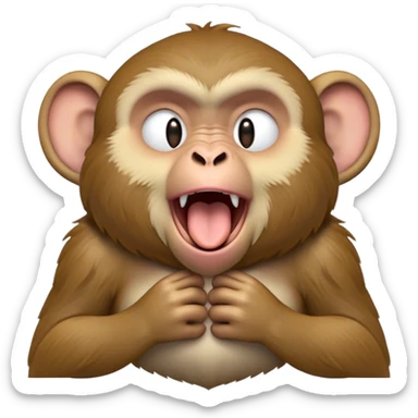 Cinematic Cute Yawning Macaque Portrait Emoji, Head tilted slightly with a dramatic, wide-open yawn, showcasing a gently textured face with half-closed, sleepy eyes and an open, relaxed mouth, Simplified yet irresistibly adorable features, highly detailed, glowing with a soft, cozy glow, high shine, relaxed yet expressive, stylized with a dash of whimsical charm, soft glowing outline, capturing the essence of a drowsy yet affectionate primate that appears ready to stretch out for a nap! sticker