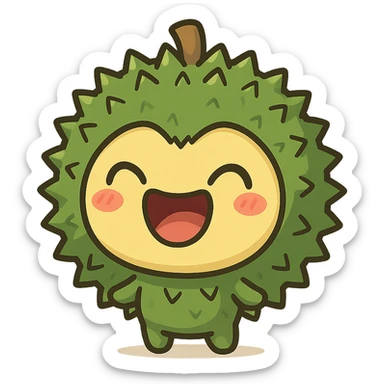 chibi style round durian character, green spiky shell, yellow flesh, laughing, eyes closed, mouth wide open, kawaii style, full-body sticker
