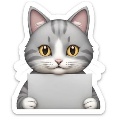 Make a cat be grey white not so fluffy just a littel bit and make the cat hold a papernthat says i like u a bit sticker