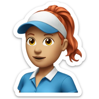 a female golf coach with red hair, blue shirt sticker