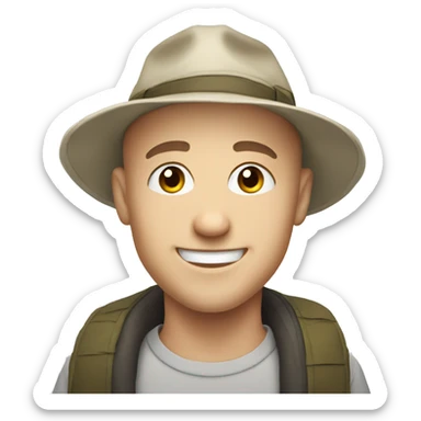 smiling white young bald man outdoors with hat sticker