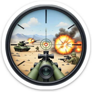An icon symbolizing first-person shooter games. The design features a circular sniper scope view with crosshairs aimed at a distant target. The background shows a battlefield with soldiers and explosions, capturing the action-packed intensity of FPS games. Transparent background. sticker