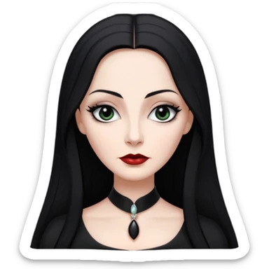 Create a realistic portrait of Morticia Addams with long black hair, elegant black dress & sharp gaze. sticker
