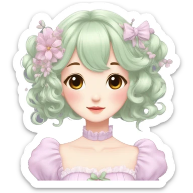 Cute kawaii gorgeous pretty anime cartoon pastel lady beautiful hair with gorgeous dress fairycore cottagecore detailed high quality trending aesthetic sticker