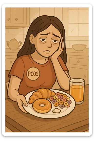 Donna con pcos, con colazione sbilanciata ricca di zuccheri e con poche proteine sticker