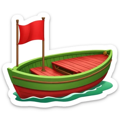 green boat in cartoon having a small place to live and a small red flag on it sticker
