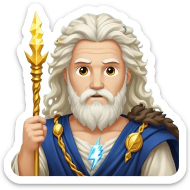 Zeus, the Greek god, with his beard, long curly hair, and regal attire, holding a lightning bolt sticker
