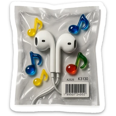 white EarPods headphones surrounded by small colorful glass music notes, glossy and puffy sticker