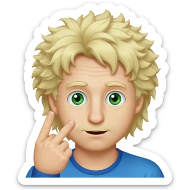 a emoji with two fingers in his nose, make him have a natural white skincolour and blonde hair, blue/green eyes, put the fingers in his nose, its a man and he needs two fingers IN his nose, make him have fluffy blonde hair, and its still not in his nose sticker