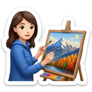 Brunette Artist painting a beautiful autumn mountain peak destination on canvas sticker