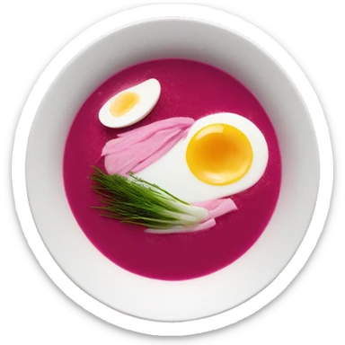White bowl of Pink soup no face, put a hard boiled egg on top of the soup as decoration that’s cut in half, some dill, beetroot shreds  sticker