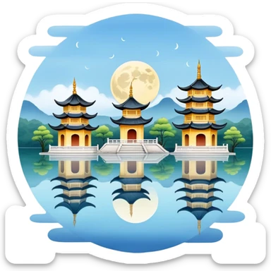 Three Pools Mirroring the Moon, West Lake Hangzhou, simplified emoji style, three small pagodas on water with moon reflection, cute cartoon style sticker