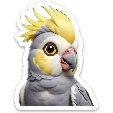 Cinematic Cute Cockatiel Portrait Emoji, Head tilted playfully and inquisitively, featuring a smooth grey fur with bright yellow accents and a perky crest, round, sparkling dark eyes filled with curiosity, Simplified yet irresistibly adorable features, highly detailed, glowing with a warm, friendly glow, high shine, affectionate and lively, stylized with a touch of whimsy, bright and endearing, soft glowing outline, capturing the essence of a mischievous yet loving cockatiel, so playful it feels like it could chirp out of the screen and into your arms! sticker