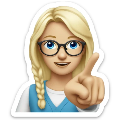 Blonde girl with blue eyes with glasses nerd pointing finger to the sky sticker