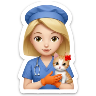 Young female vet – scrubs, gloves, examining kitten. sticker