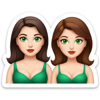 Happy curvy sisters, brunettes, green eyes, makeup, stylish sticker