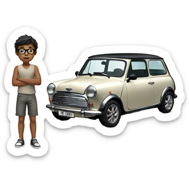 slender indian boy with glasses on shorts standing next to an old white mini cooper sticker