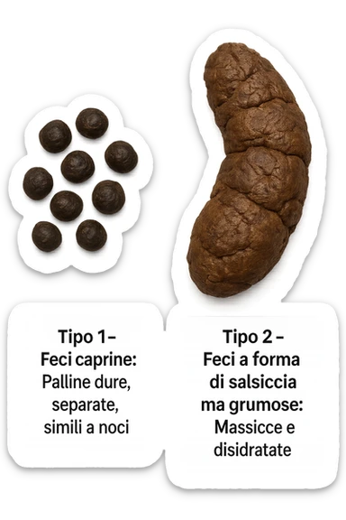 immagine di due tipi di feci iperrealistiche viste dall'alto con descrizione:
Tipo 1 – Feci caprine
Palline dure, separate, simili a noci

Tipo 2 – Feci a forma di salsiccia ma grumose
Massicce e disidratate.
 sticker