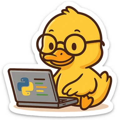 Animated duck wearing glasses, programming Python on a laptop, in a cute cartoon style sticker
