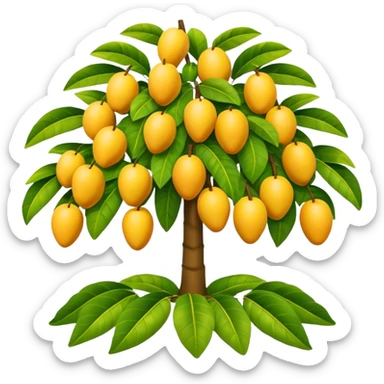 A 3D cartoon mango tree with golden-yellow mangoes visible among dense leaves, sunny atmosphere, Memoji-style rendering. sticker