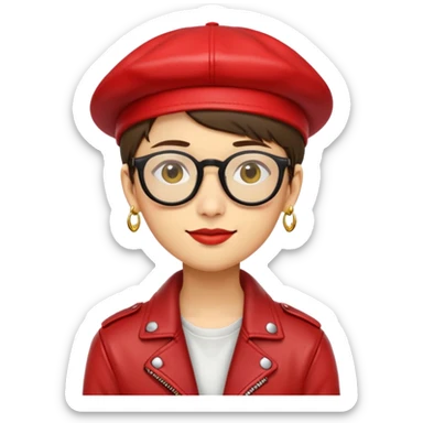 nam 20 tuổi, da vàng, tóc ngắn màu nâu, đội mũ màu đỏ, đeo kính màu đen, đeo khuyên tai màu vàng khoác áo da màu đỏ, nụ cười nhếch mép sticker