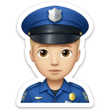 This is a cartoon-style avatar of a police officer with light skin, wearing a dark blue cap featuring a silver badge, and showing a neutral expression. sticker