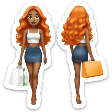 Tan girl with long orange hair wearing a mini skirt and crop top outfit holding shopping bags sticker