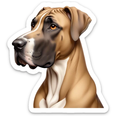 Cinematic Noble Fawn Great Dane Portrait Emoji, Poised and regal, with a towering, muscular build and a sleek, well-groomed solid fawn Fur accented by subtle dark markings, deep-set soulful amber eyes, Simplified yet sharp and sophisticated features, highly detailed, glowing with a soft, dignified glow, high shine, intelligent and gentle, stylized with an air of majesty, focused and attentive, soft glowing outline, capturing the essence of a watchful and confident guardian, so majestic it feels as though it could stride out of the screen with effortless authority! sticker