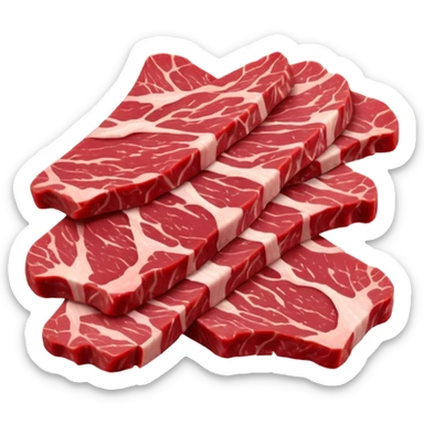 cluster of thin raw beef strips, deep red, visible muscle grain, slightly glossy, irregular but clean shapes, some marbling or edge fat, soft lighting, subtle shadows, no plate or pan, no faces, transparent background, emoji scale sticker