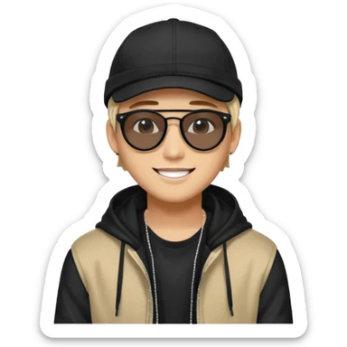 Portrait of a male K-pop idol, wearing a stylish streetwear outfit with layered clothing, makeup, wearing a black cap, happy, sunglasses sticker