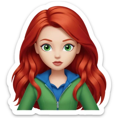 Bratz Meygan red long hair blue eyes, green outfit sticker