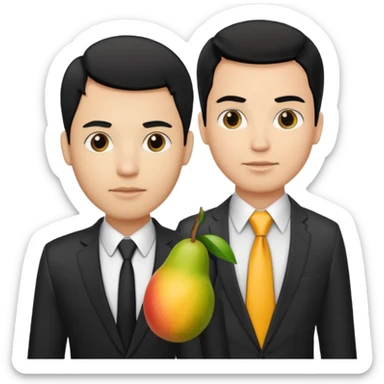 BLACK HAIR LIGHT SKIN MAN WITH A T-SHIRT WITH A MANGO ON IT, AND HIS BOSS LIGHT SKIN MAN BLONDE HAIR DANDOLE DINERO sticker