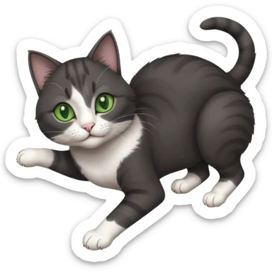 beautiful female solid dark grey cat with green eyes, white toes/paws and white patch on her chest playfully rolling upside down sticker