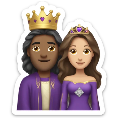 Caucasian long brunette with woman wearing formal royal purple robes and a crown whose face shows hearts to the man she adores  sticker